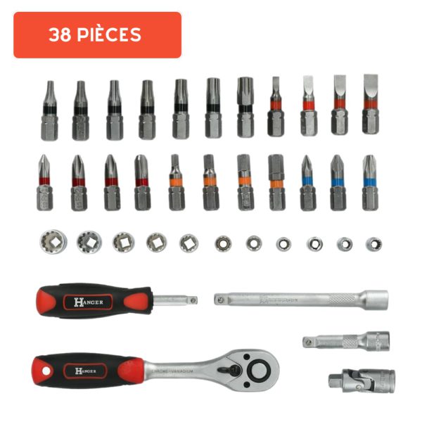 Coffret de douilles 1/4' compact 38 pièces HANGER 251005 – Image 7